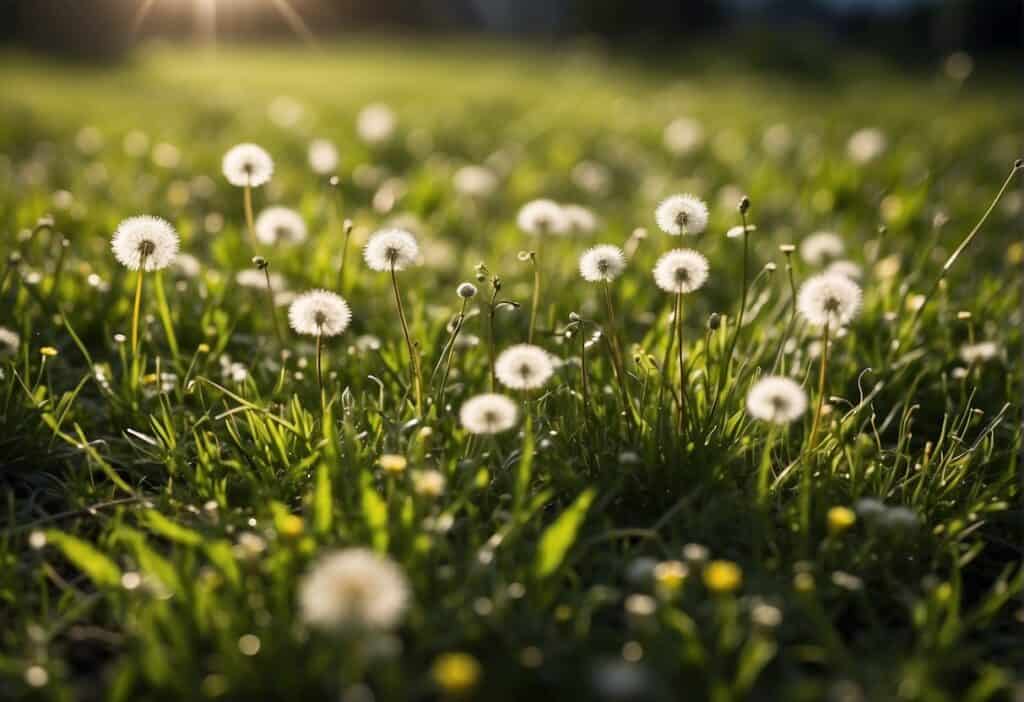 Dandelions growing in field of grass