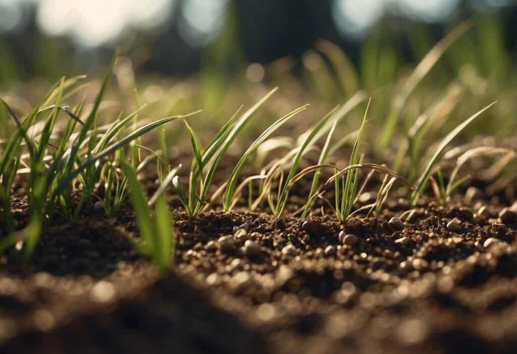 Grass seeds sitting on soil surface with fresh grass sprouts