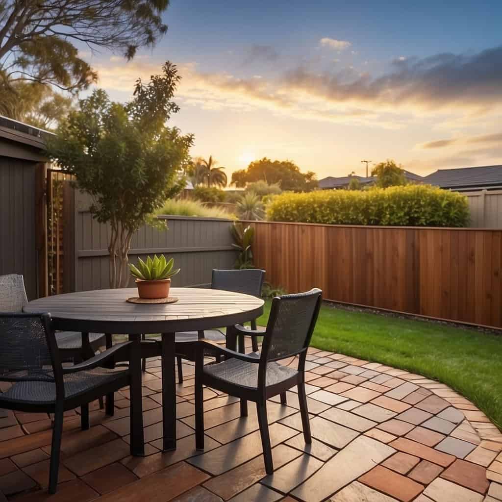 A cozy patio setup with a table and chairs at sunset in a suburban backyard.