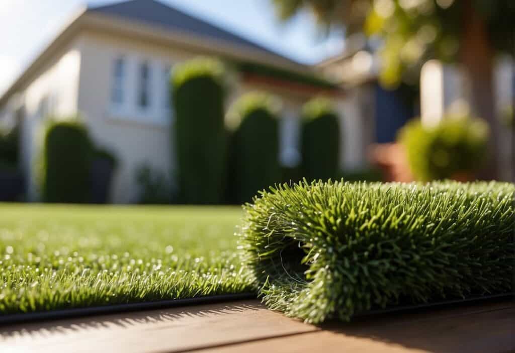 Roll of artificial grass sitting next to freshly laid out artificial grass down side of house