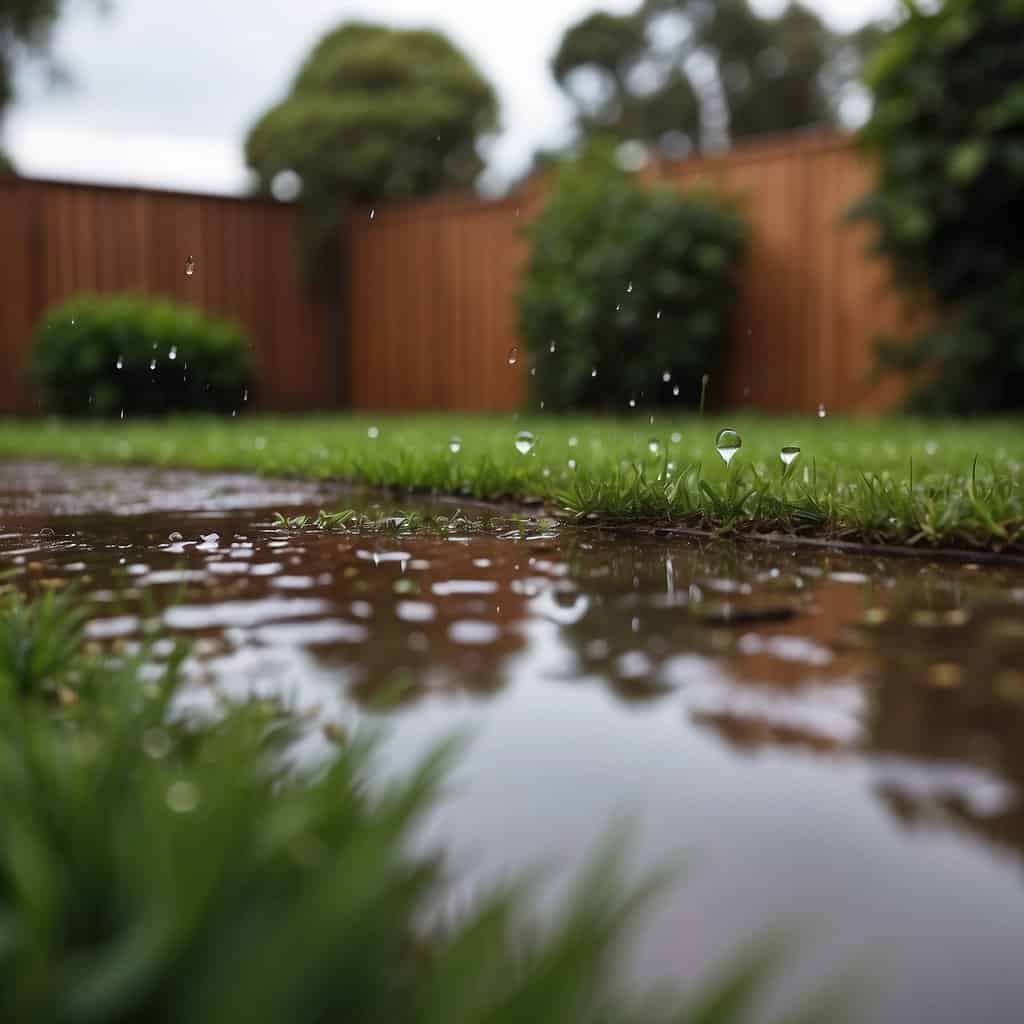 a large suburban australian backyard, the yard has a healthy green lawn that has a large puddle of water in it from heavy rainfall